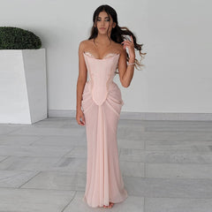 JazzHer Pink Embellished Corset Draped Mesh Maxi Dress