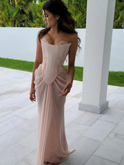 JazzHer Pink Embellished Corset Draped Mesh Maxi Dress