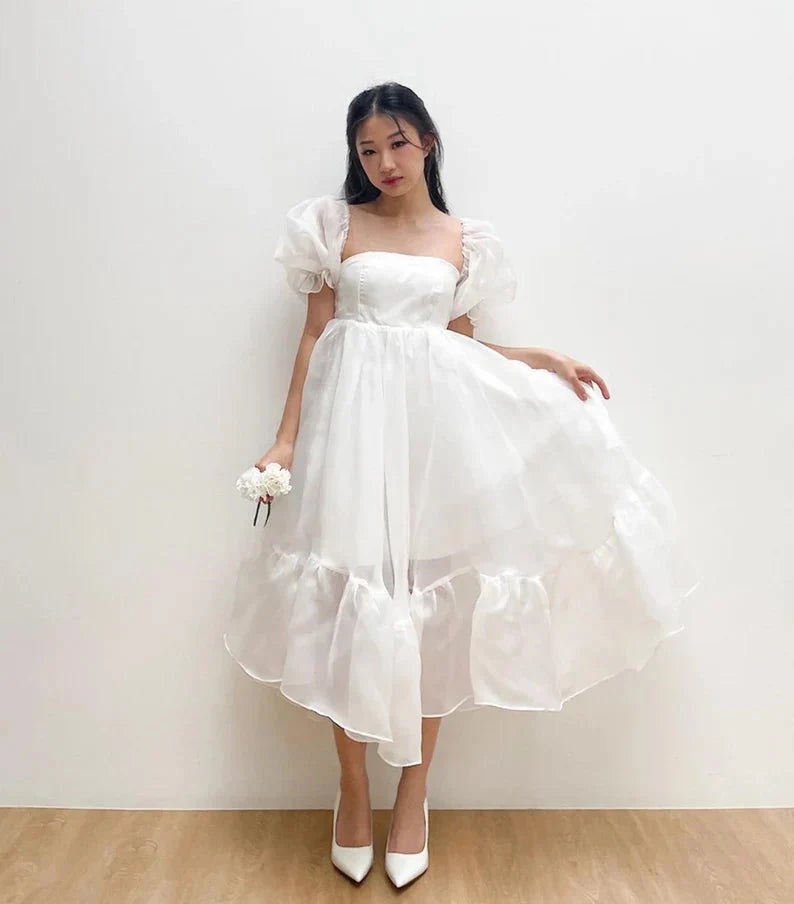 JazzHer Puff Sleeve Organza Midi Dress
