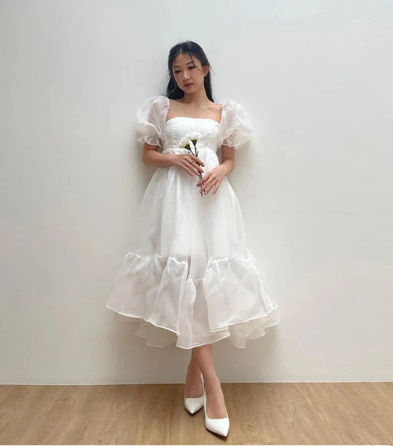 JazzHer Puff Sleeve Organza Midi Dress