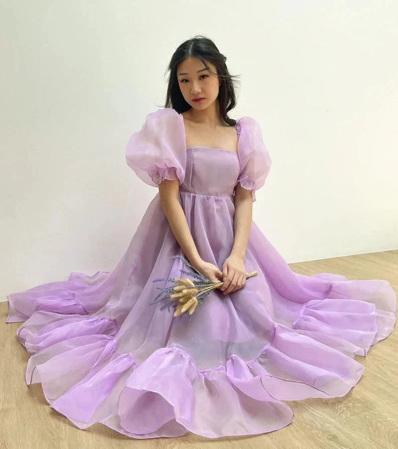 JazzHer Puff Sleeve Organza Midi Dress