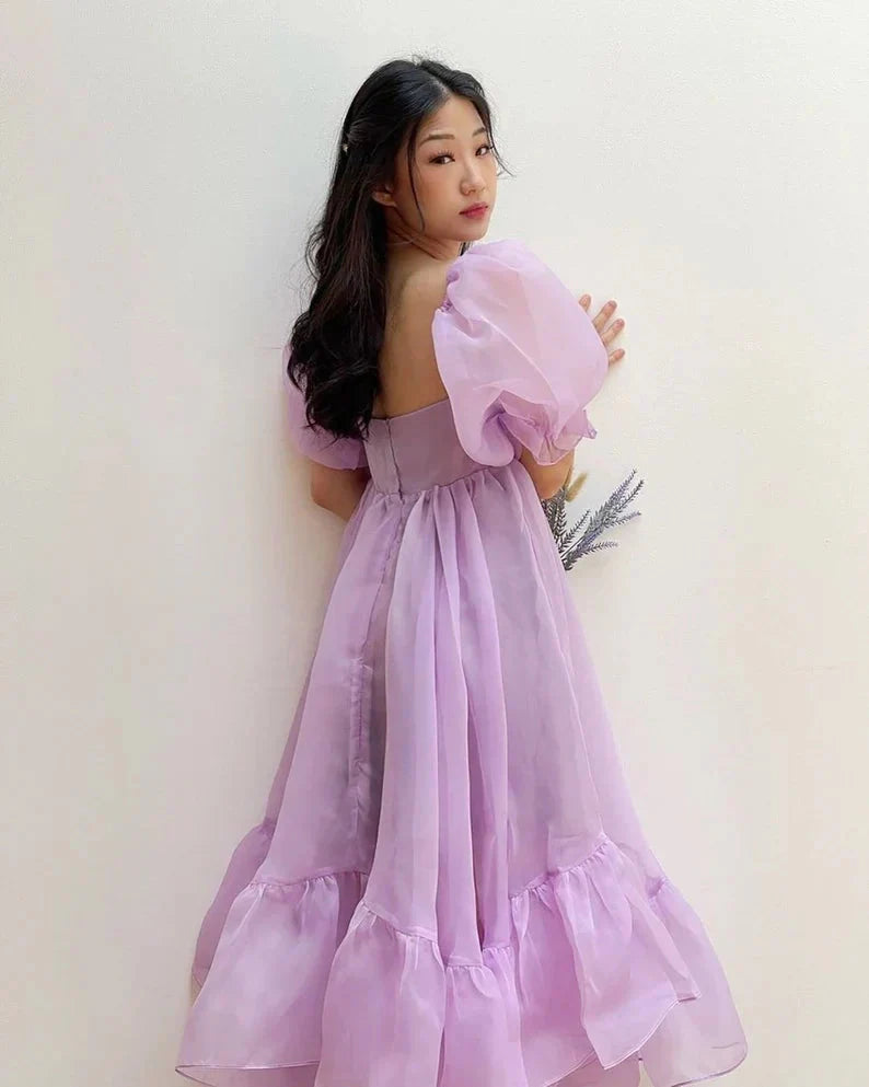 JazzHer Puff Sleeve Organza Midi Dress