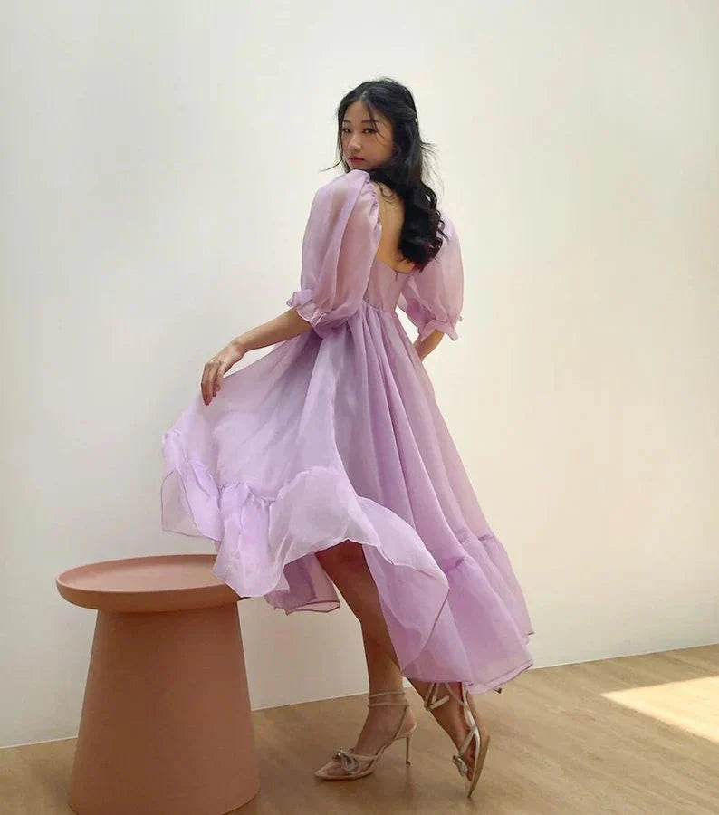 JazzHer Puff Sleeve Organza Midi Dress