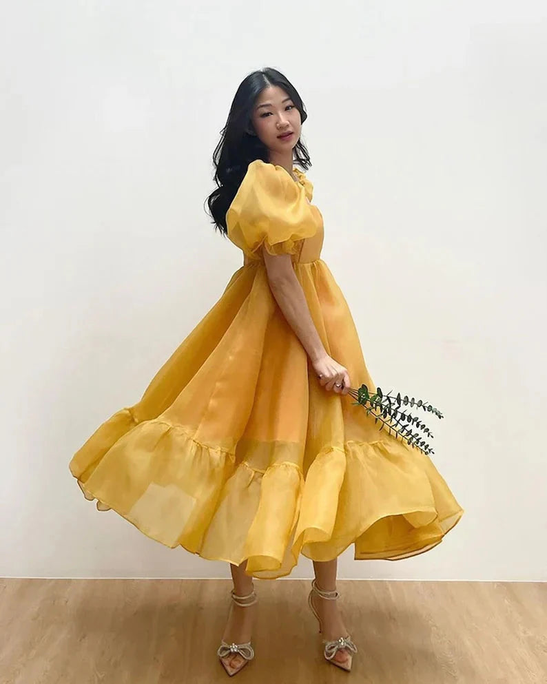 JazzHer Puff Sleeve Organza Midi Dress