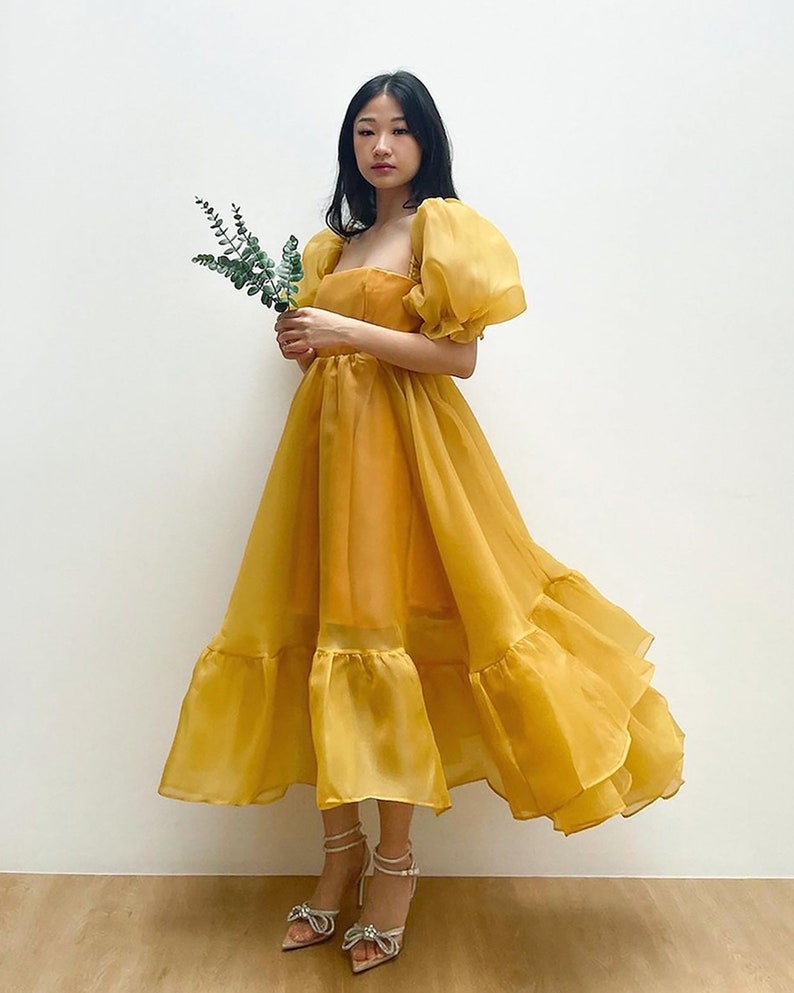 JazzHer Puff Sleeve Organza Midi Dress