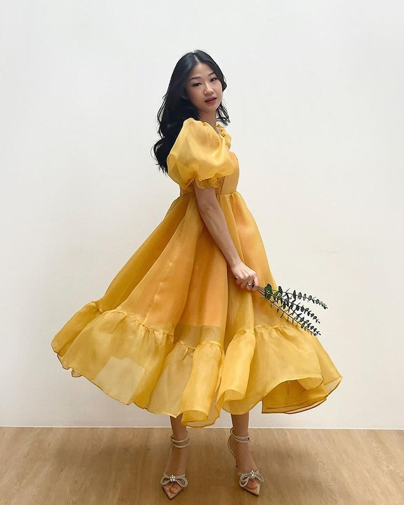 JazzHer Puff Sleeve Organza Midi Dress