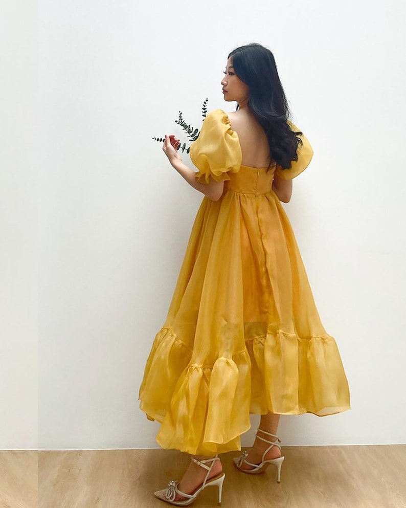 JazzHer Puff Sleeve Organza Midi Dress