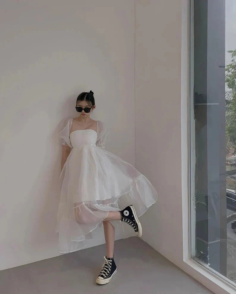 JazzHer Puff Sleeve Organza Midi Dress