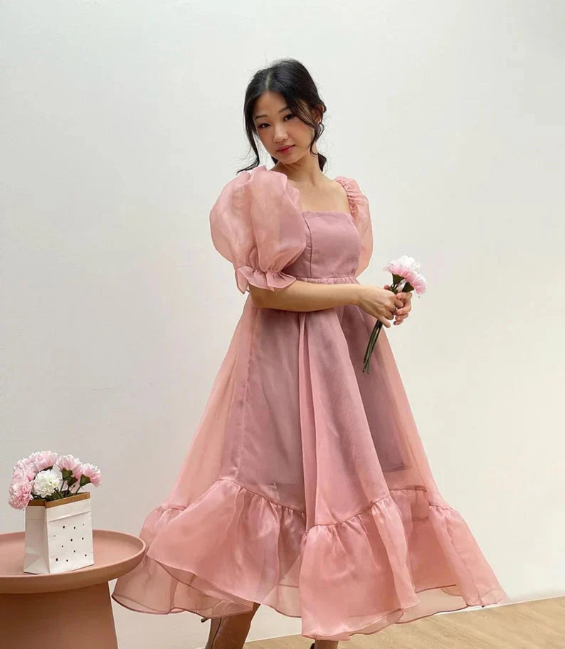 JazzHer Puff Sleeve Organza Midi Dress