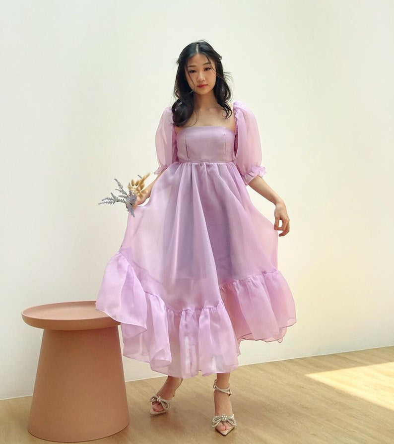 JazzHer Puff Sleeve Organza Midi Dress