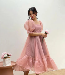 JazzHer Puff Sleeve Organza Midi Dress