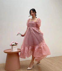 JazzHer Puff Sleeve Organza Midi Dress