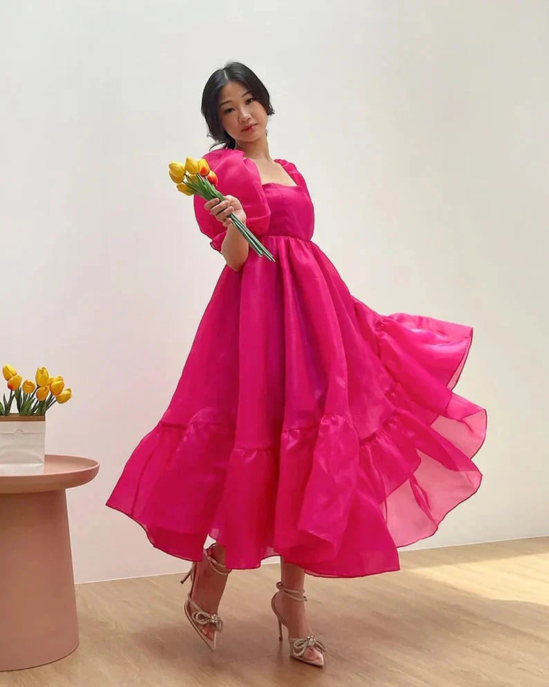 JazzHer Puff Sleeve Organza Midi Dress