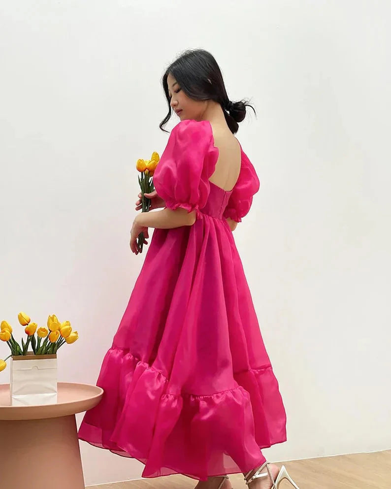 JazzHer Puff Sleeve Organza Midi Dress