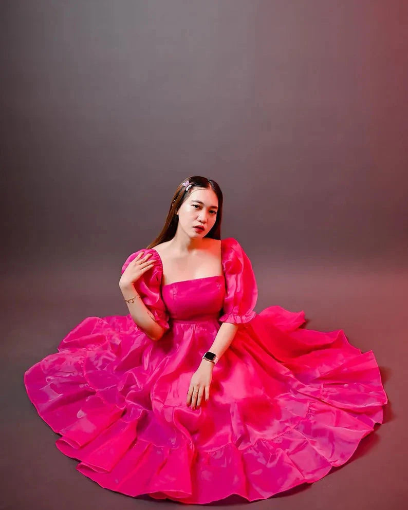 JazzHer Puff Sleeve Organza Midi Dress