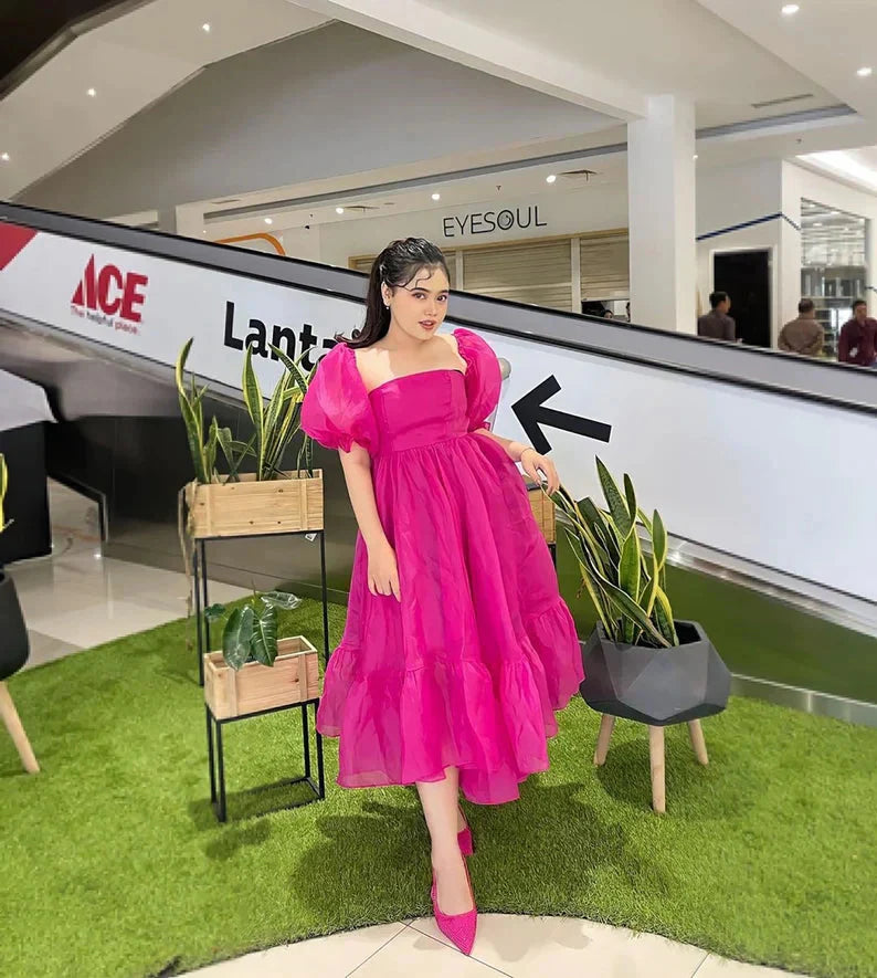 JazzHer Puff Sleeve Organza Midi Dress