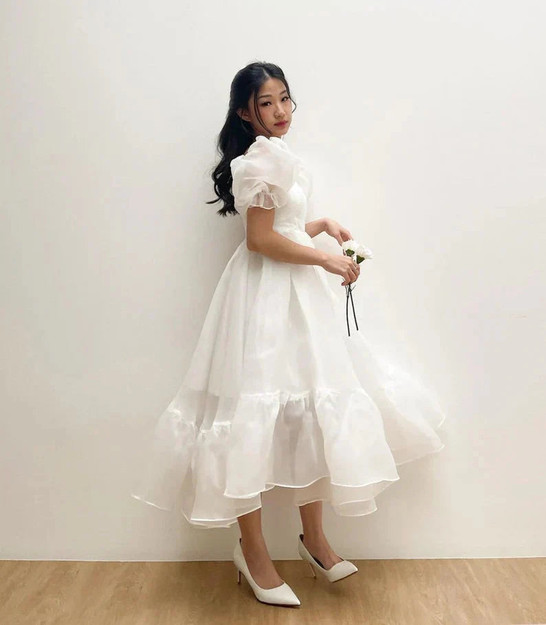 JazzHer Puff Sleeve Organza Midi Dress