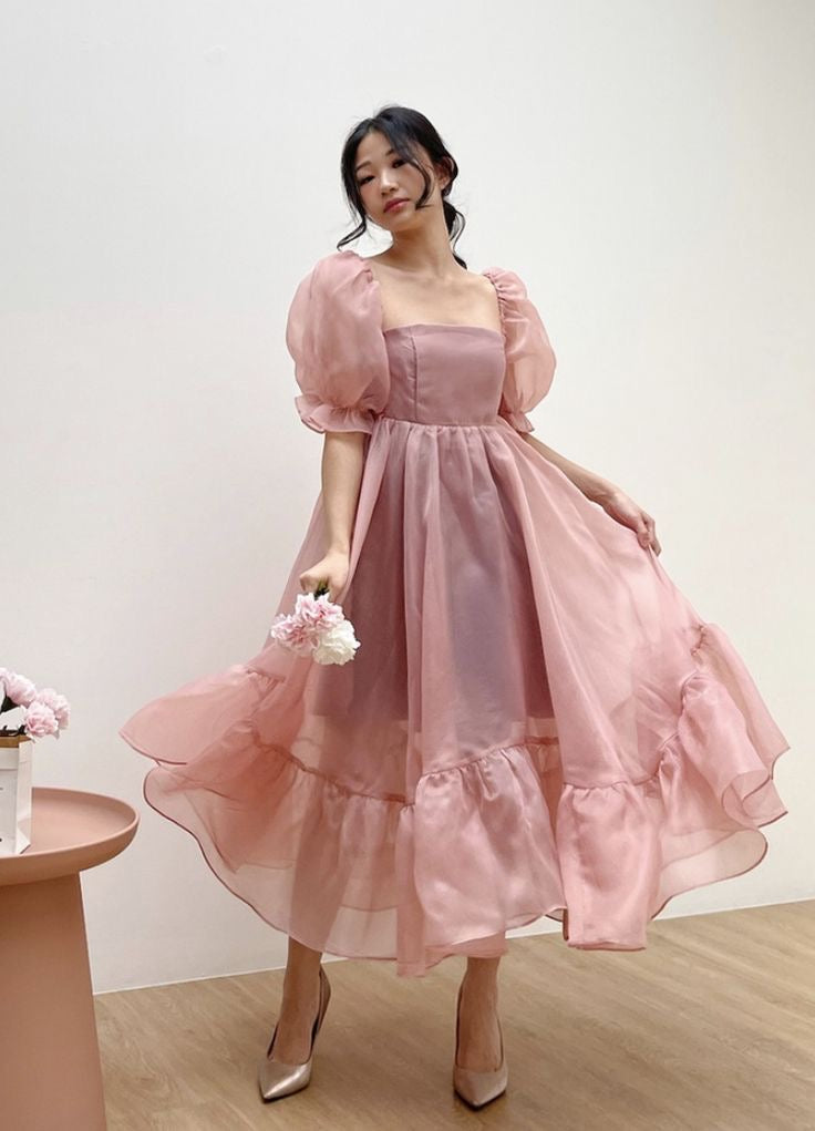 JazzHer Puff Sleeve Organza Midi Dress