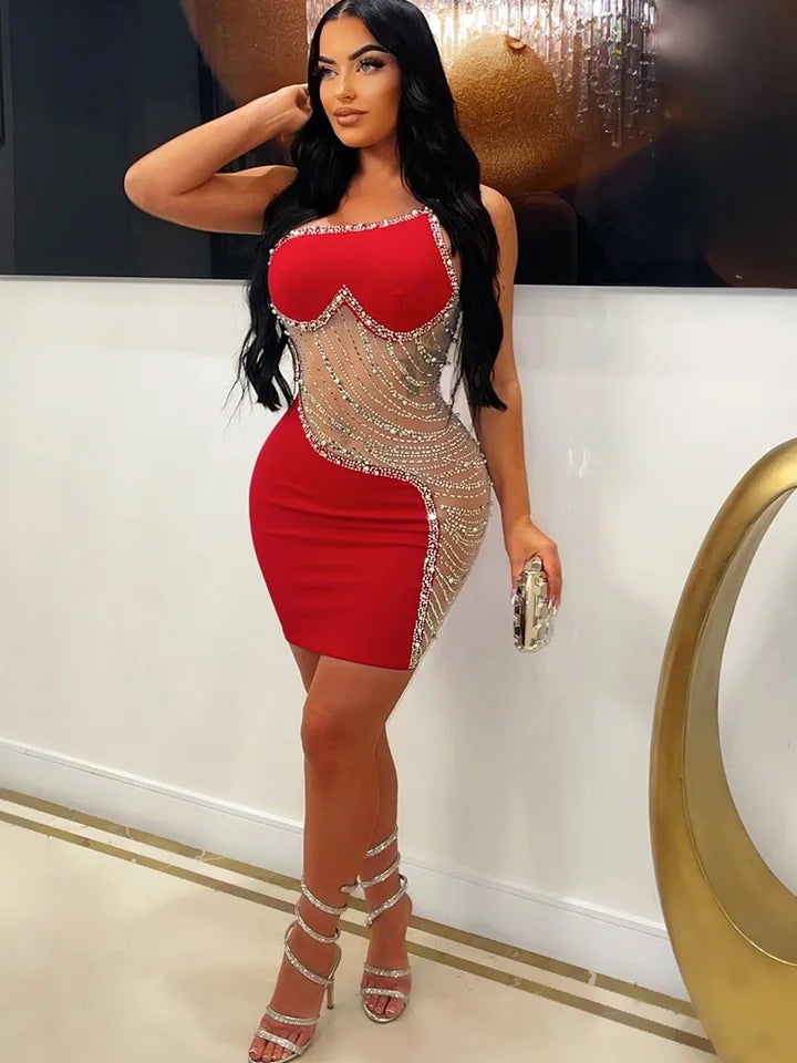 JazzHer Rhinestone Mesh Cutout One Shoulder Mini Dress