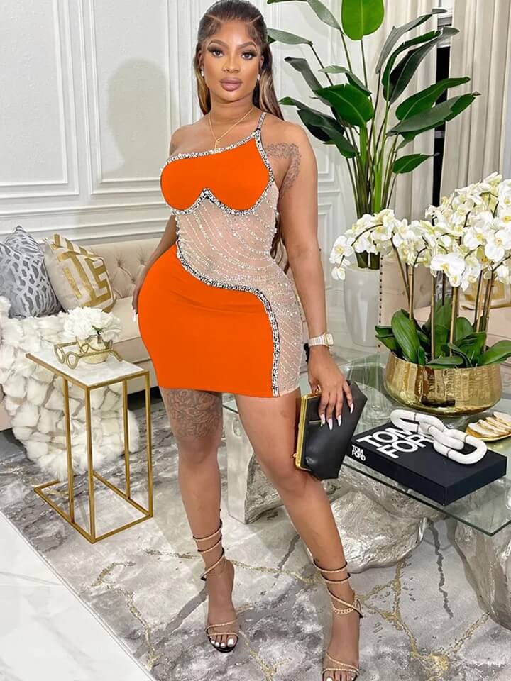 JazzHer Rhinestone Mesh Cutout One Shoulder Mini Dress