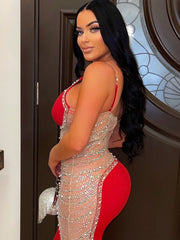 JazzHer Rhinestone Mesh Cutout One Shoulder Mini Dress