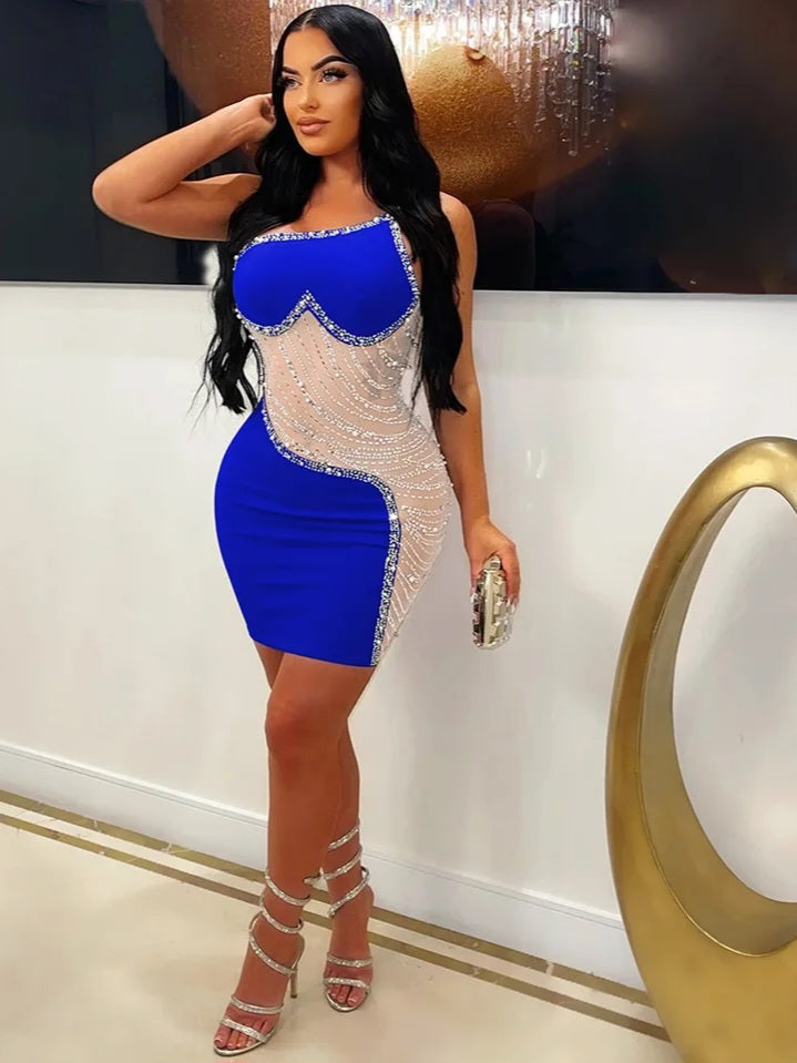 JazzHer Rhinestone Mesh Cutout One Shoulder Mini Dress