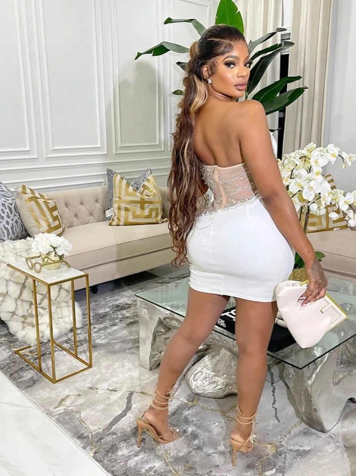 JazzHer Rhinestone Mesh Cutout One Shoulder Mini Dress