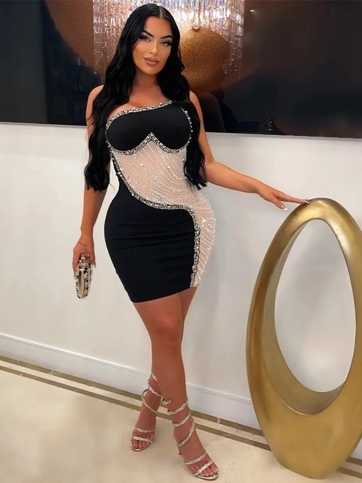 JazzHer Rhinestone Mesh Cutout One Shoulder Mini Dress