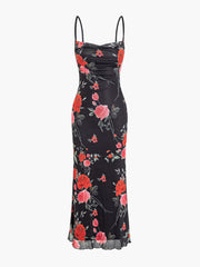 JazzHer Rose Flower Print Mesh Midi Dress