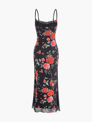JazzHer Rose Flower Print Mesh Midi Dress