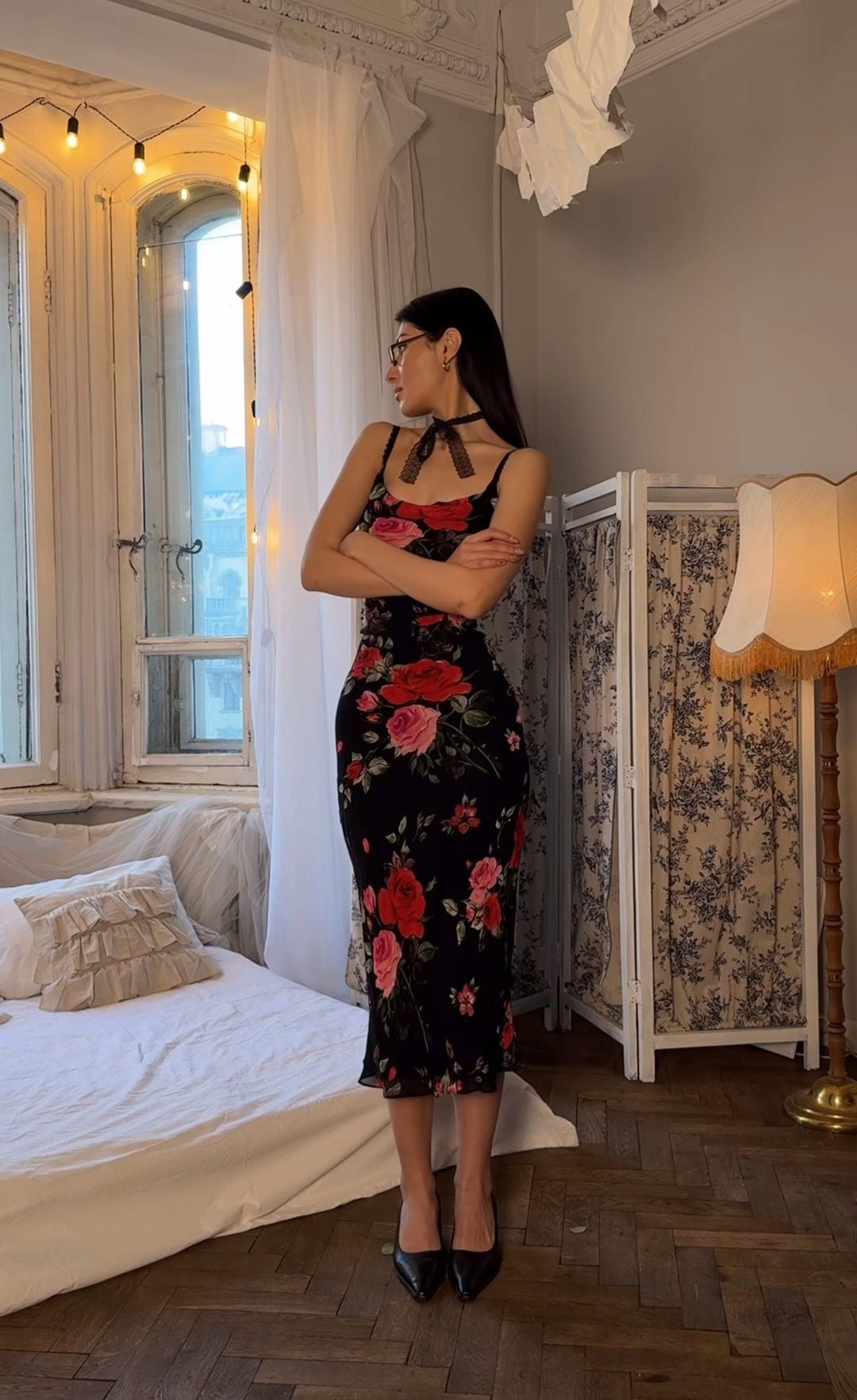JazzHer Rose Flower Print Mesh Midi Dress