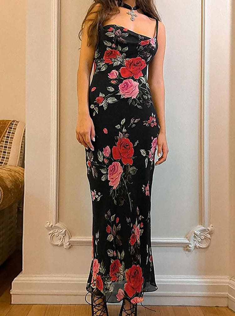 JazzHer Rose Flower Print Mesh Midi Dress