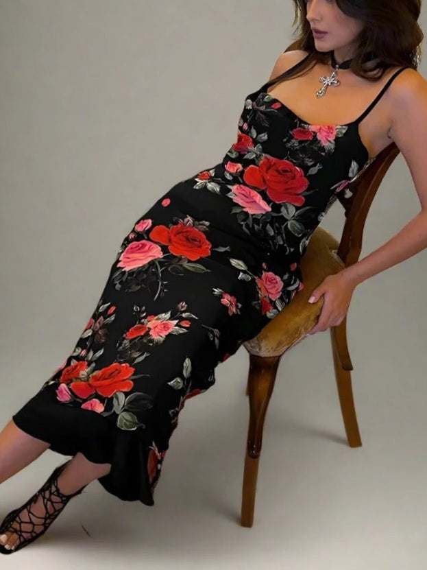 JazzHer Rose Flower Print Mesh Midi Dress