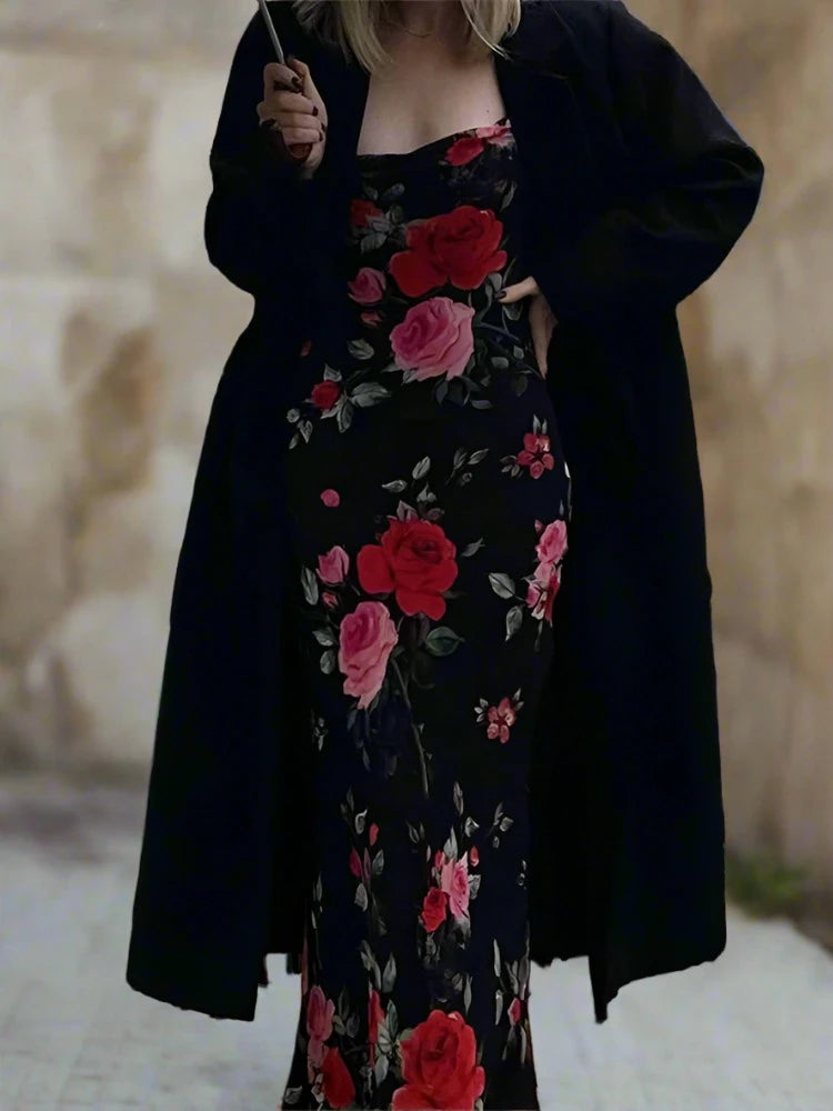 JazzHer Rose Flower Print Mesh Midi Dress