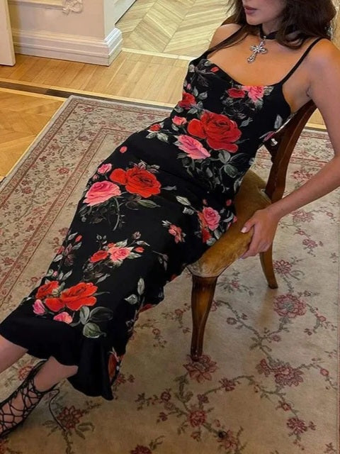 JazzHer Rose Flower Print Mesh Midi Dress