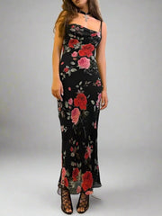 JazzHer Rose Flower Print Mesh Midi Dress