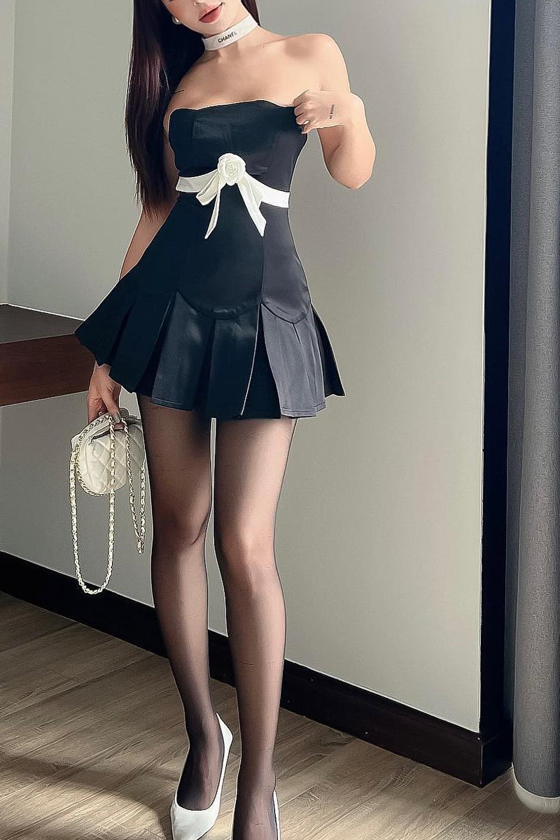 JazzHer Rose Ribbon Strapless Pleated Mini Dress