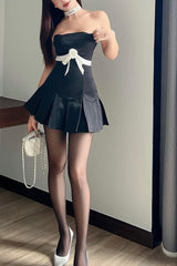 JazzHer Rose Ribbon Strapless Pleated Mini Dress
