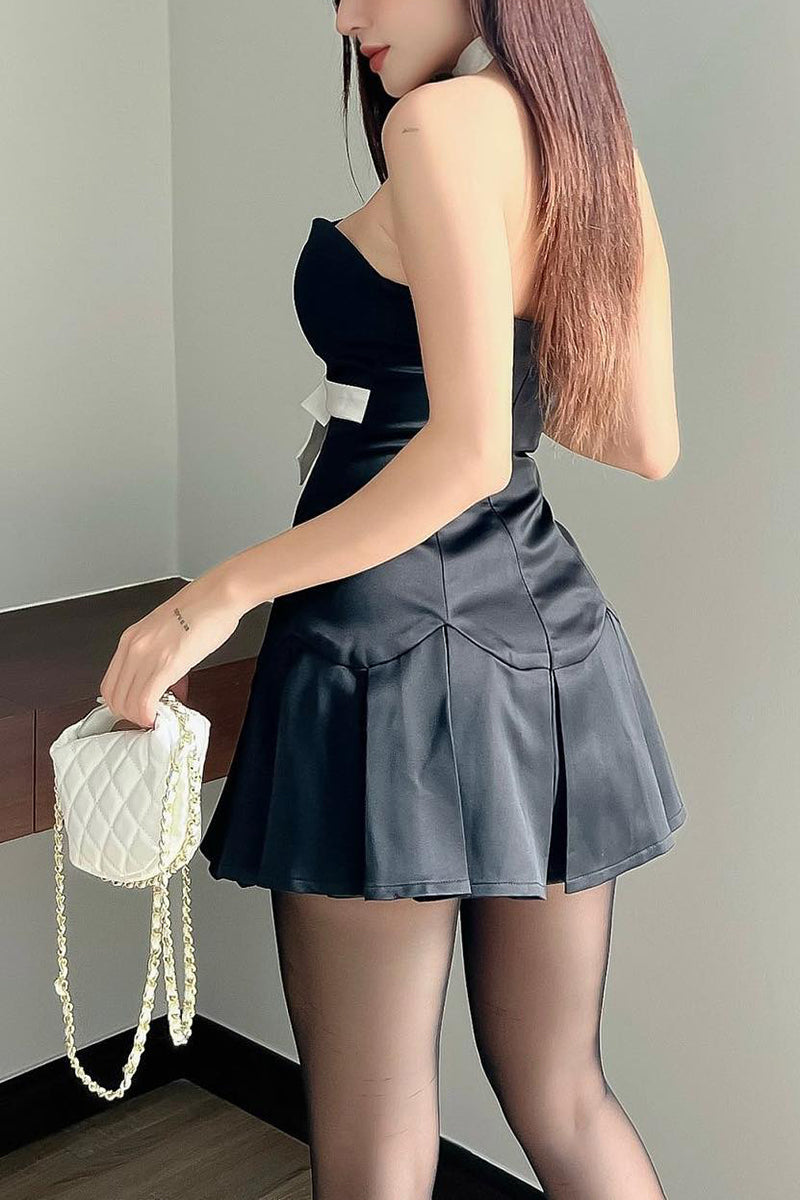 JazzHer Rose Ribbon Strapless Pleated Mini Dress