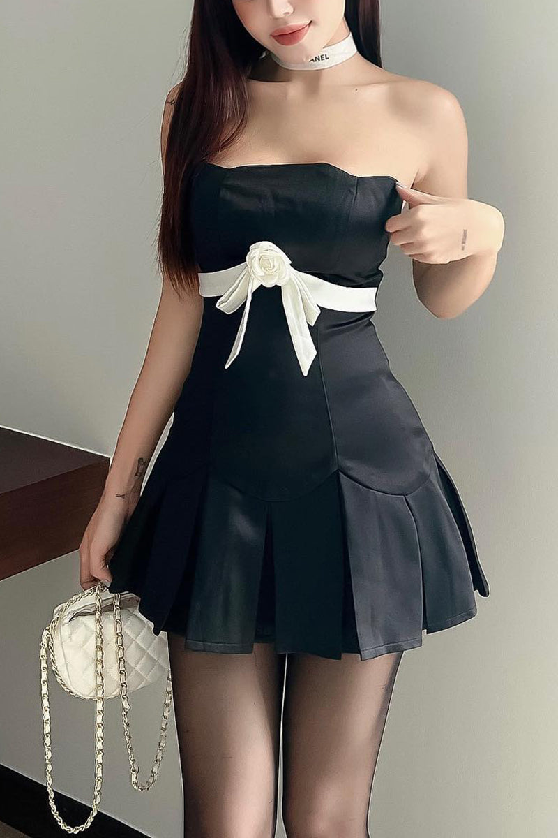 JazzHer Rose Ribbon Strapless Pleated Mini Dress
