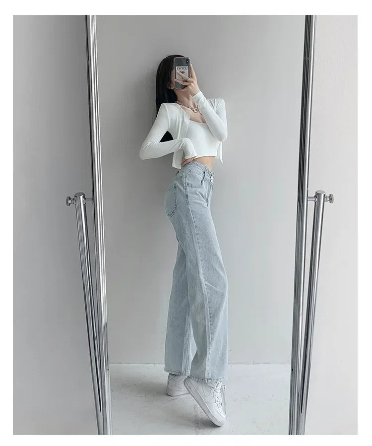 JazzHer Washed Jeans Wide Leg Pants Women High Waist Pockets Button Basics Solid Full Length Denims Casual Vintage Straight Trousers