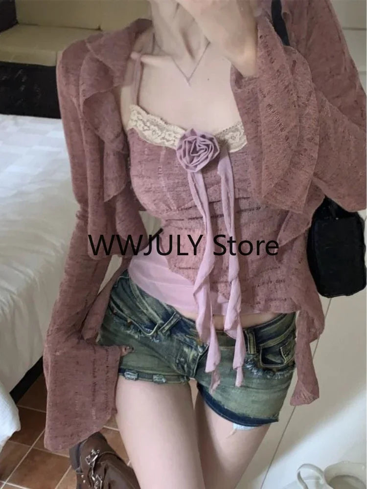 JazzHer New 2024 Pink Elegant 2 Piece Set Office Lady Lace Sexy Strap Tops Casual Cardigan Korean Fashion Blouse Suit Woman Outfits