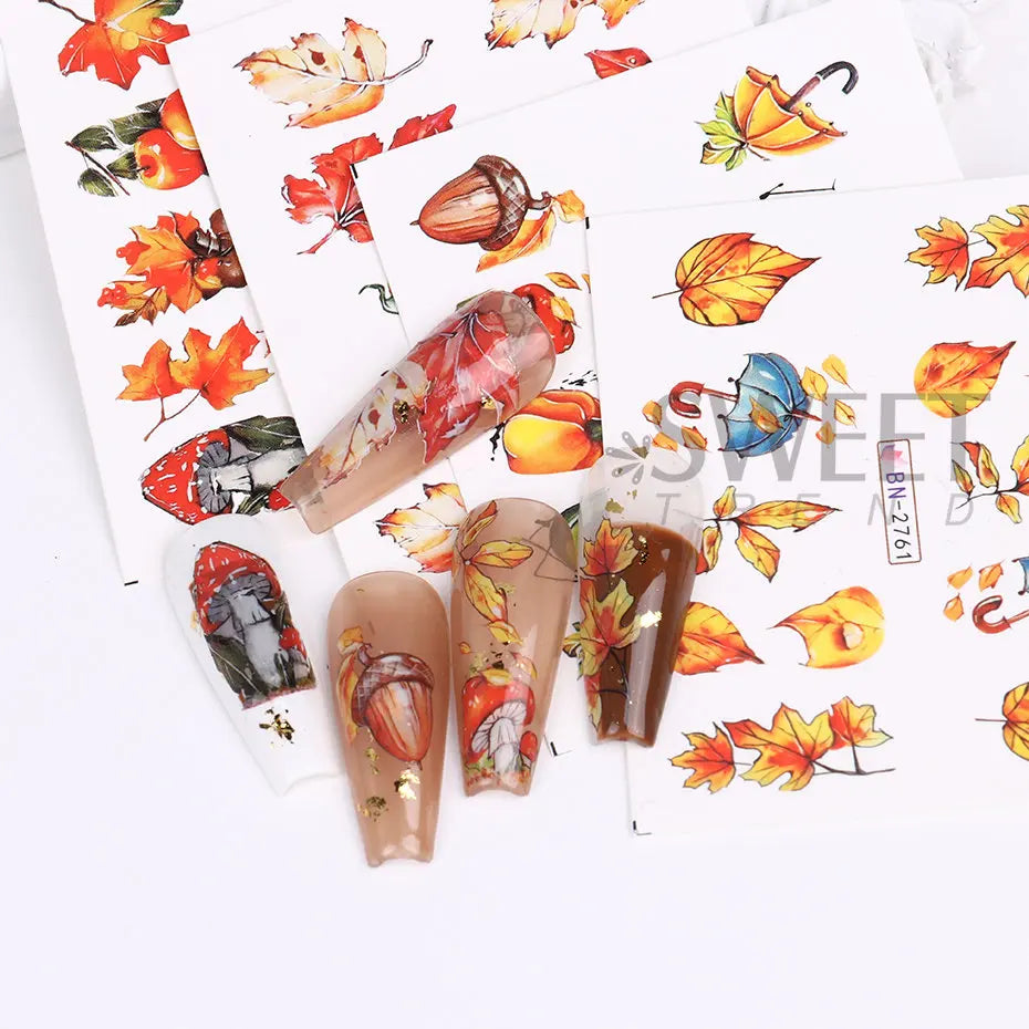 JazzHer 12pcs Autumn Maple Leaf Nail Sticker Pumpkin Fall Nail Decals Mushroom Water Transfer Slider Nail Decoration Foils Accessories