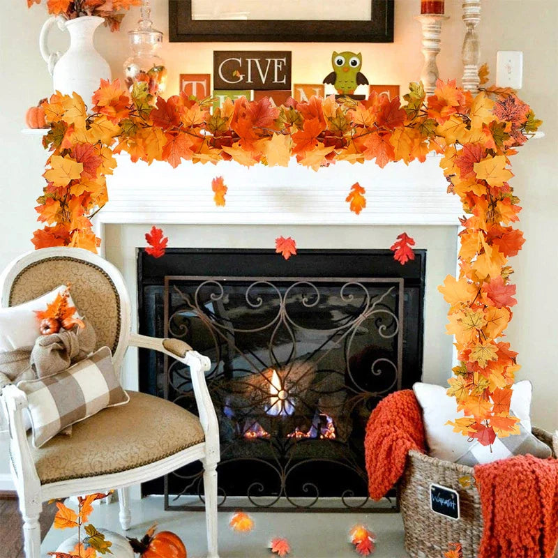 JazzHer Artificial Autumn Maple Leaves Garland Vine Hanging Plant for Thanksgiving Halloween Fireplace Decoration Christmas Home Decor