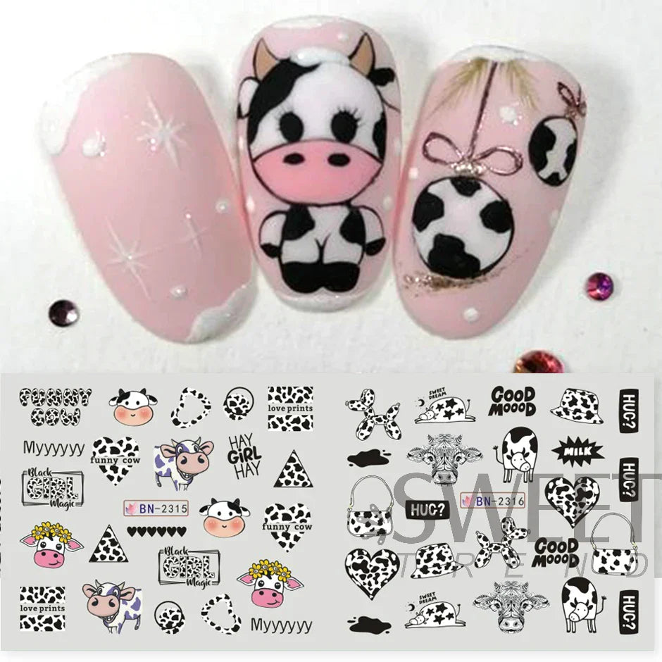 JazzHer 12pcs Milk Cows Nail Water Sticker Cute Cartoon Animals Prints Geometry Strip Decals Tattoo 2024 Watermark Transfer Sliders LYBN