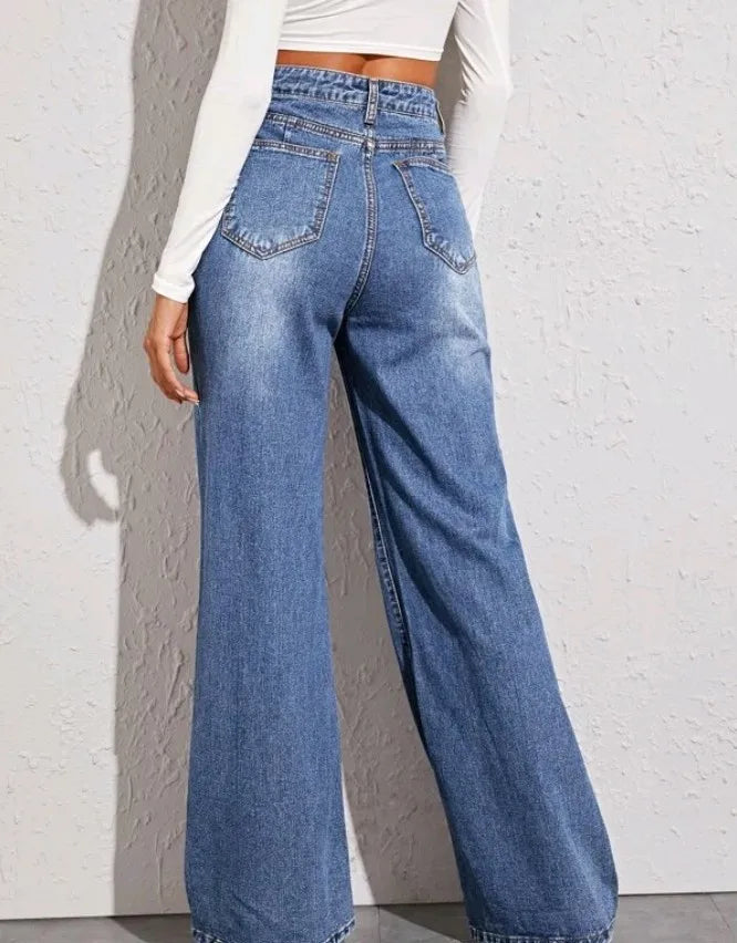 JazzHer Women High Waist Jean Wide Leg Denim Pants Vintage Ankle Length Jeans Spliced Pockets Washed Zipper Fly Basics Loose Fit