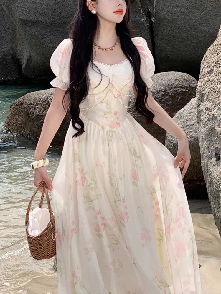 JazzHer 2024 Summer French Design Elegant Sundress Women Short Sleeves Floral Midi Dress Beach Style Casual Fashion Party Dress Korean