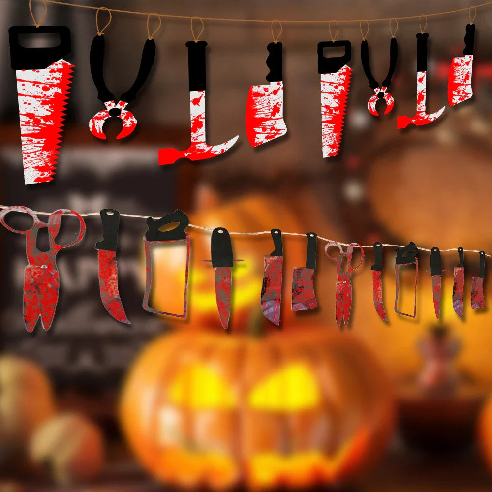 JazzHer Halloween Horror Blood Knife Banner,Scary Blood Halloween Decoration,Terror Haunted House Blood Knife Banner Garland