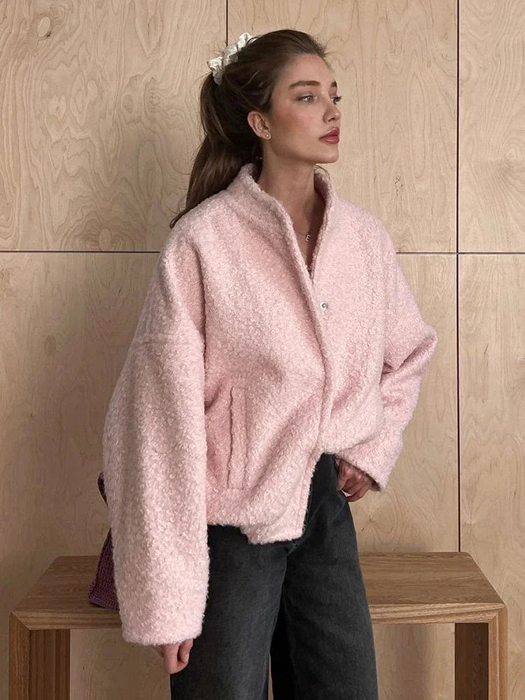 Black Friday JazzHer Pink Short Fur Jacket Coat For Women Autumn Winter Casual Stand Collar Pocket Loose Fashion Long Sleeve Jacket Top Female