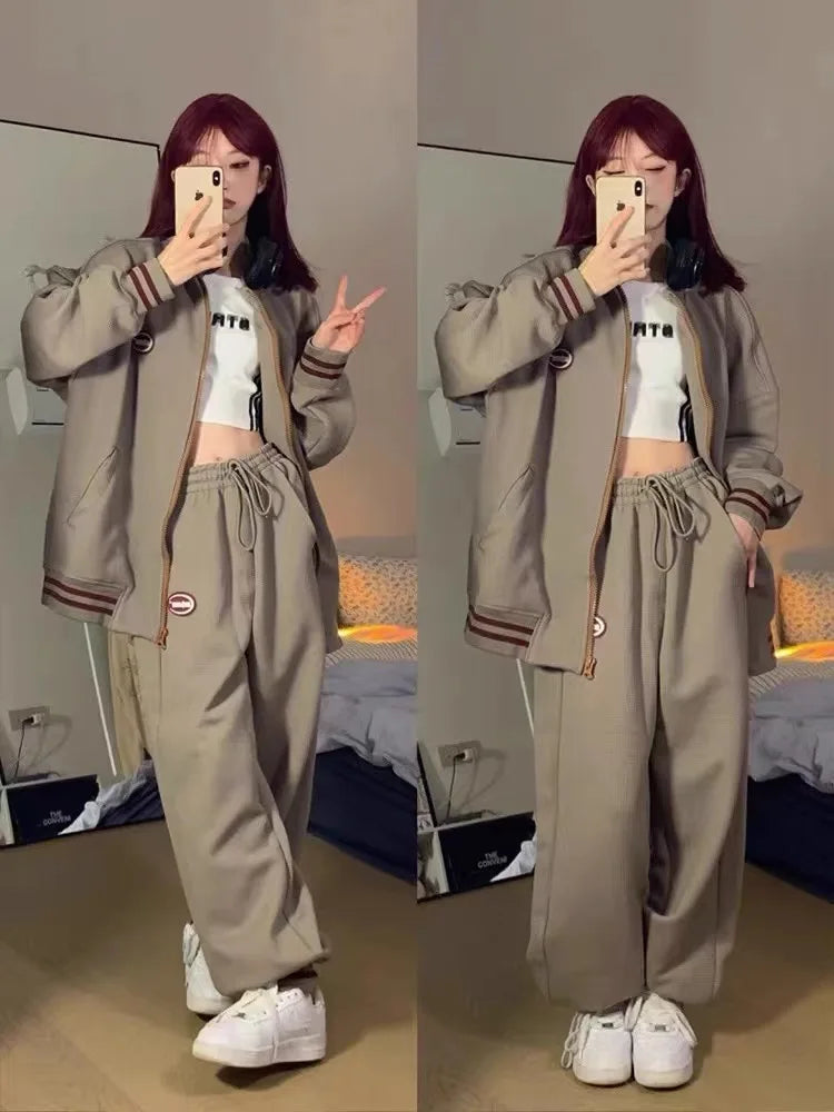 JazzHer-Vintage Tracksuit Two Piece Set Women Korean Streetwear Stand Collar Zipper Sweatshirt Sportswear Set Autumn School